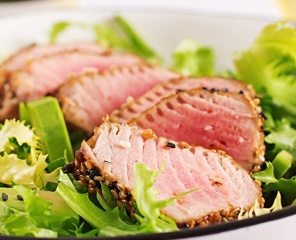 Mit Honig-Sesam gebratener Thunfisch mit Wasabi-Gurkensalat